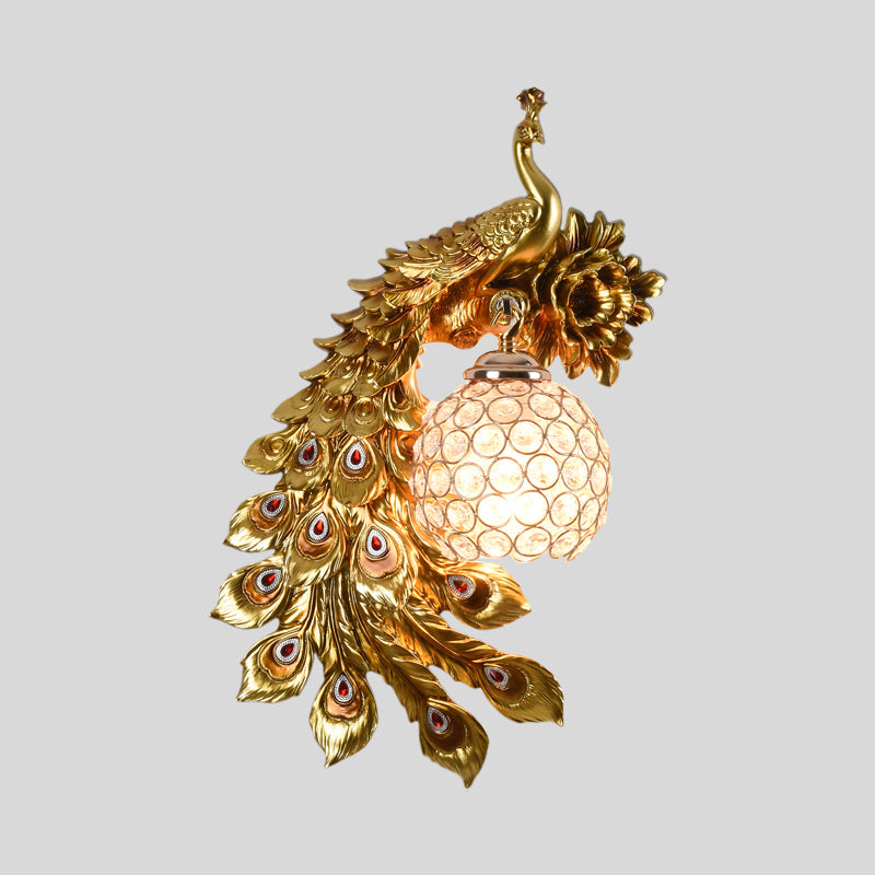 Modern Resin Flower and Peacock Wall Lamp - Dining Room Fixture with Clear K9 Crystal Shade in White/Yellow/Orange