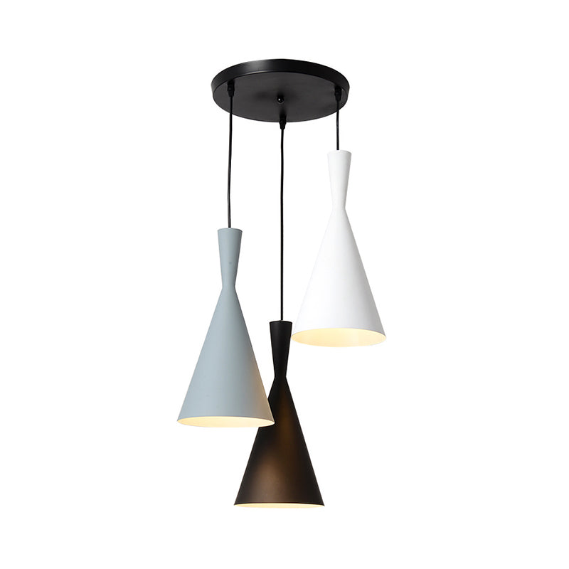 Contemporary Flared Metallic Pendant Light - 3-Head Black Hanging Lamp with Round/Rectangle Canopy
