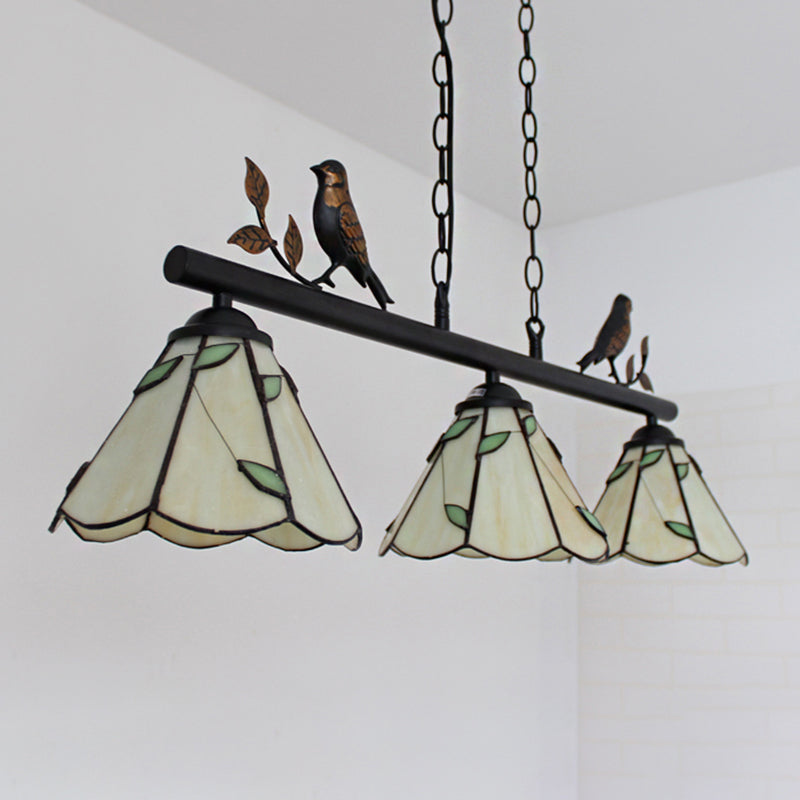 Tiffany Style Cone Stainless Glass Island Lighting: Stylish 3-Light Beige Chandelier with Bird Accent