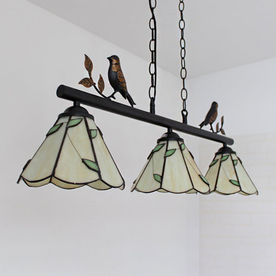 Tiffany Style Cone Stainless Glass Island Lighting: Stylish 3-Light Beige Chandelier with Bird Accent
