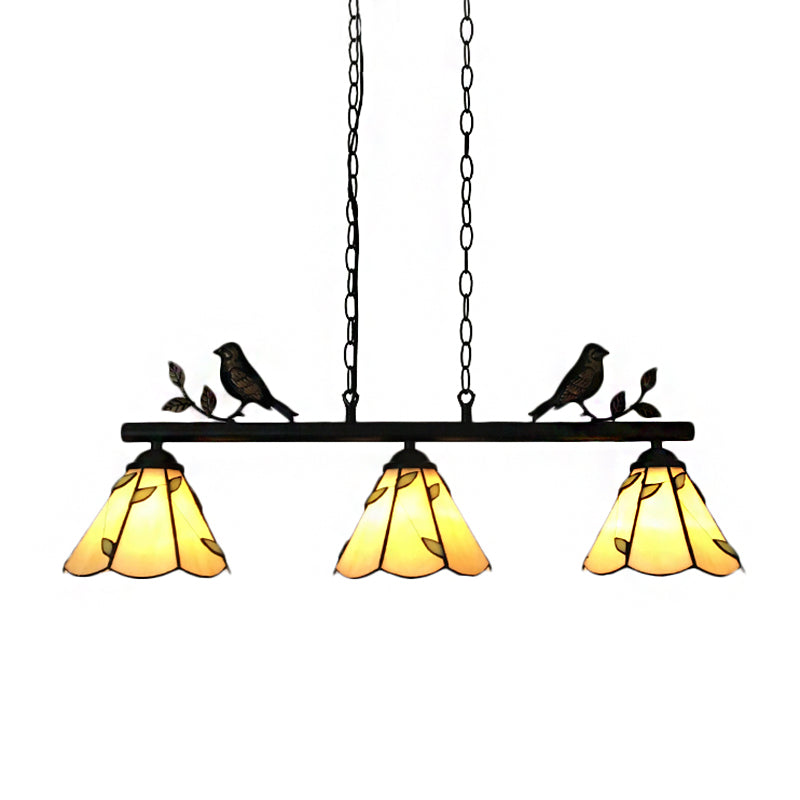 Tiffany Style Cone Stainless Glass Island Lighting: Stylish 3-Light Beige Chandelier with Bird Accent