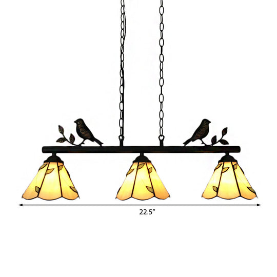 Tiffany Style Cone Stainless Glass Island Lighting: Stylish 3-Light Beige Chandelier with Bird Accent
