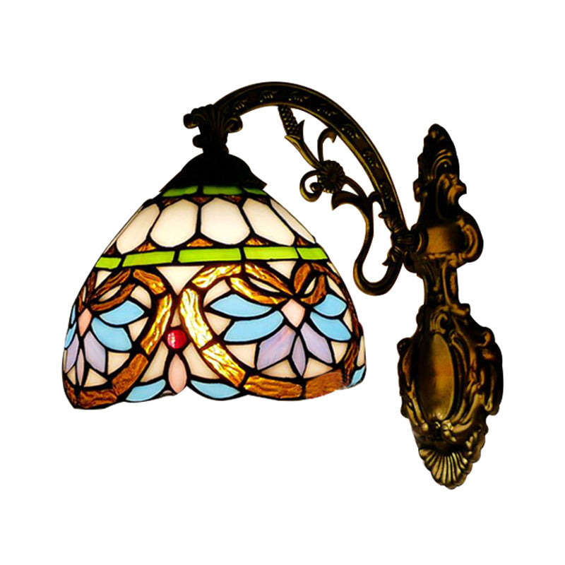 1-Light Victorian Stained Glass Wall Sconce with Up/Down Lighting and Brass Curved Arm