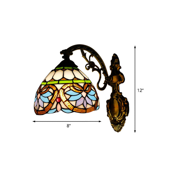 1-Light Victorian Stained Glass Wall Sconce with Up/Down Lighting and Brass Curved Arm