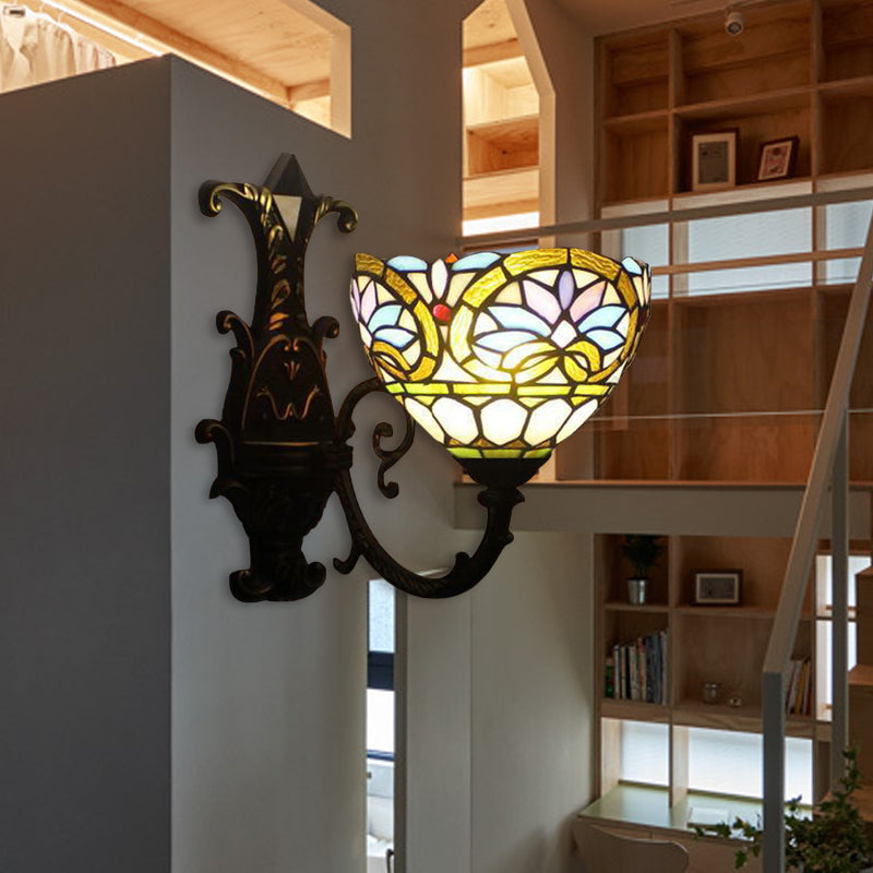 1-Light Victorian Stained Glass Wall Sconce with Up/Down Lighting and Brass Curved Arm