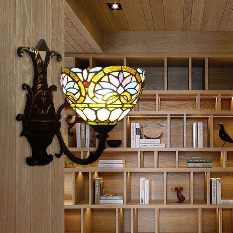1-Light Victorian Stained Glass Wall Sconce with Up/Down Lighting and Brass Curved Arm
