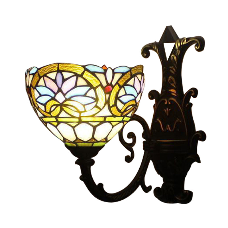 1-Light Victorian Stained Glass Wall Sconce with Up/Down Lighting and Brass Curved Arm