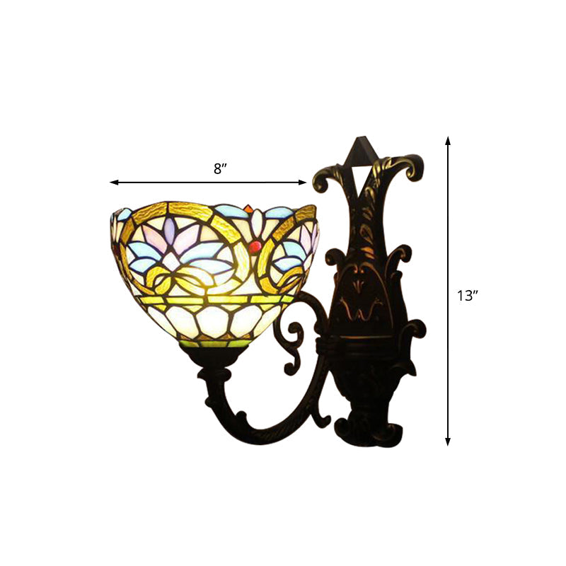 1-Light Victorian Stained Glass Wall Sconce with Up/Down Lighting and Brass Curved Arm