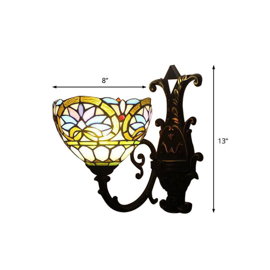 1-Light Victorian Stained Glass Wall Sconce with Up/Down Lighting and Brass Curved Arm