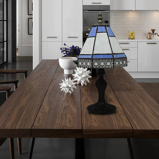 Tiffany Style Beige/Blue Conical Table Light - 1 Head Bedside Lighting