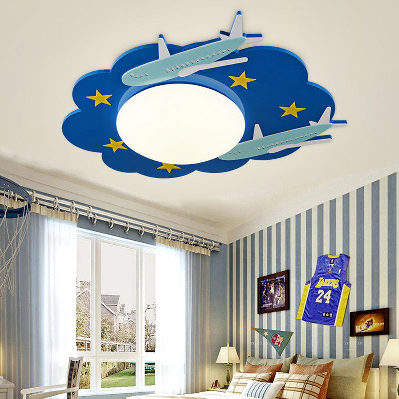 Wooden Blue Kids Spaceship Ceiling Lamp for Kindergarten