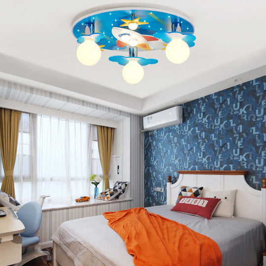 Wooden Blue Kids Spaceship Ceiling Lamp for Kindergarten