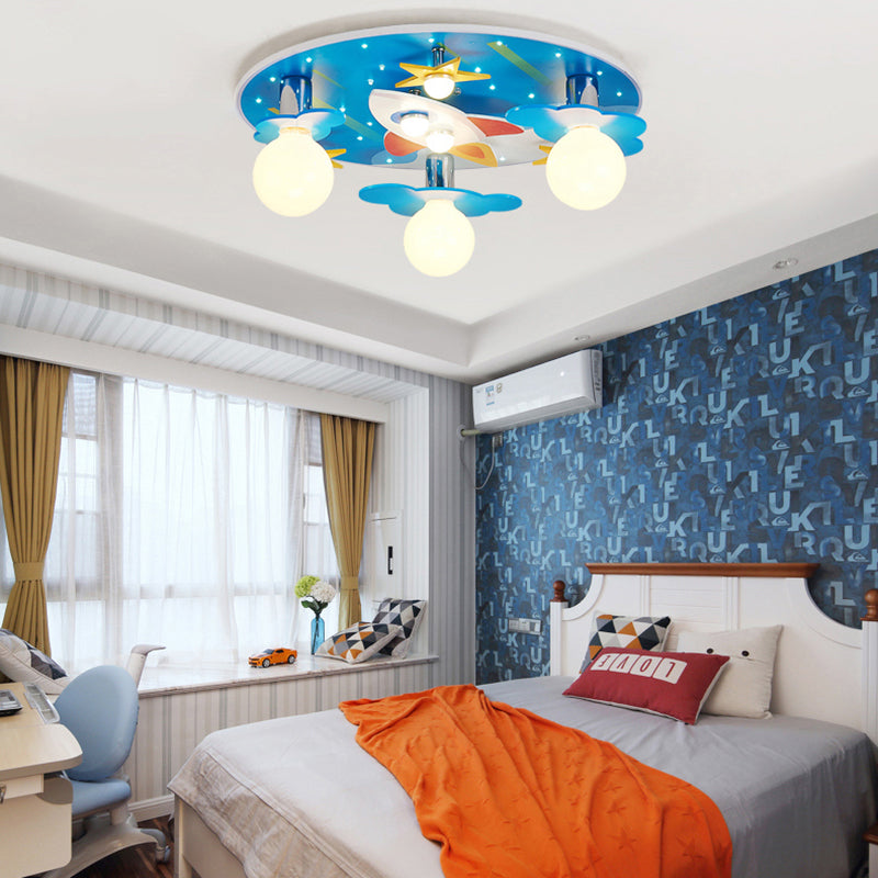Wooden Blue Kids Spaceship Ceiling Lamp for Kindergarten
