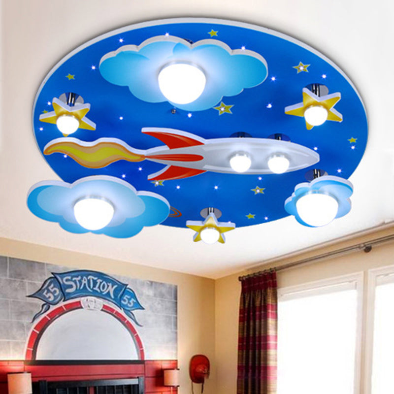 Wooden Blue Kids Spaceship Ceiling Lamp for Kindergarten
