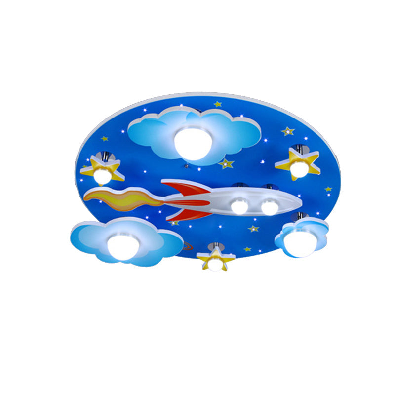 Wooden Blue Kids Spaceship Ceiling Lamp for Kindergarten
