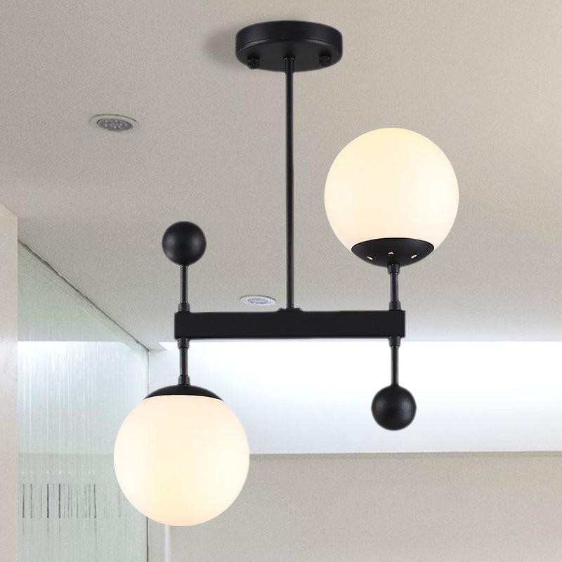 Modern Black/Gold Round Chandelier - 2-Light LED Ceiling Lamp with Milky Glass