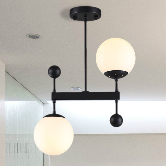 Modern Black/Gold Round Chandelier - 2-Light LED Ceiling Lamp with Milky Glass