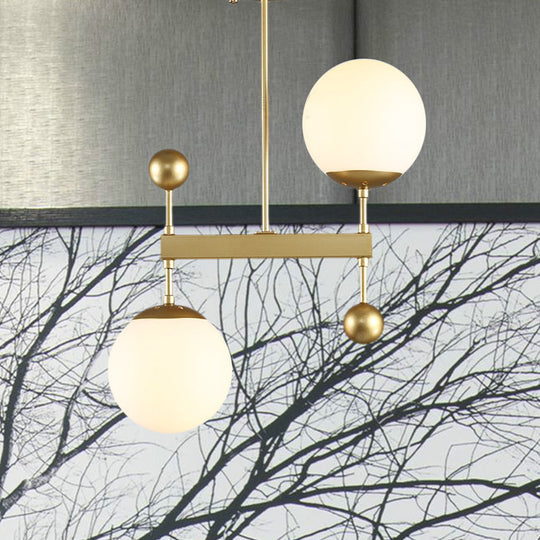 Modern Black/Gold Round Chandelier - 2-Light LED Ceiling Lamp with Milky Glass