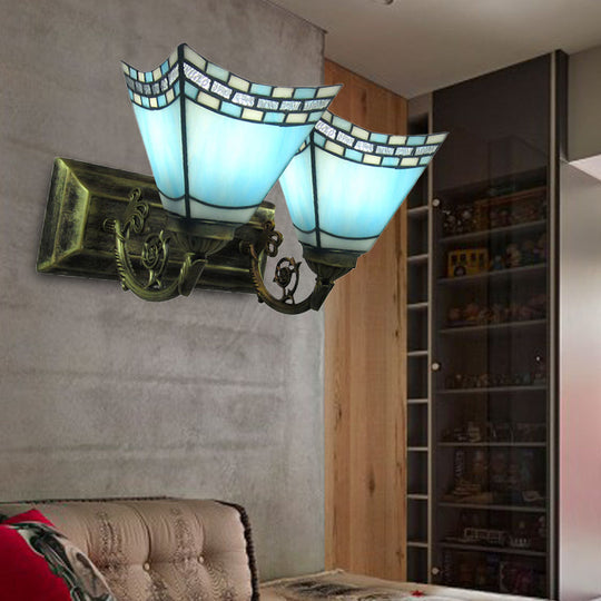 Nautical Stained Glass Vanity Light - 2 Lights - Light/Dark Blue - Bathroom Wall Lighting