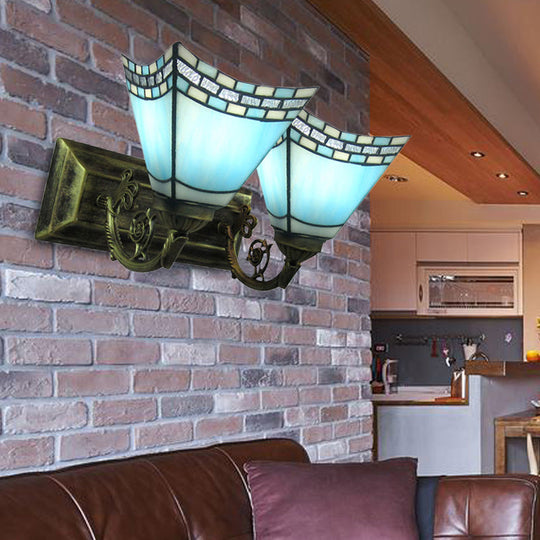 Nautical Stained Glass Vanity Light - 2 Lights - Light/Dark Blue - Bathroom Wall Lighting