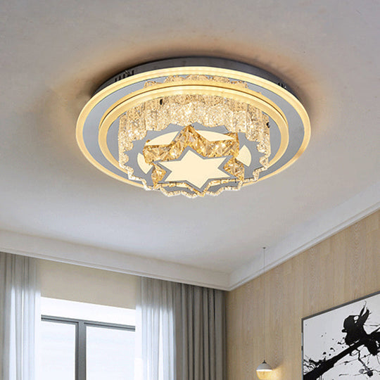 Modern Chrome LED Crystal Flush Mount Ceiling Fixture for Bedroom, featuring Hand-Cut Flower/Star Design