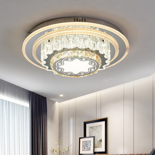 Modern Chrome LED Crystal Flush Mount Ceiling Fixture for Bedroom, featuring Hand-Cut Flower/Star Design