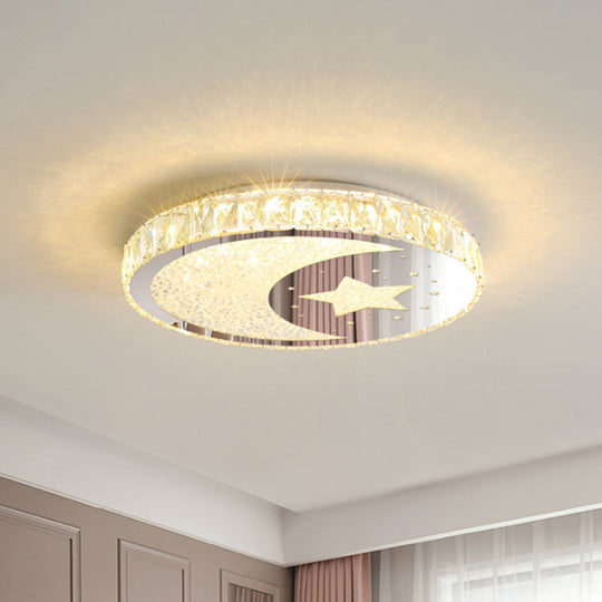 Contemporary Stainless-Steel LED Round Flushmount Ceiling Light with Crystal Cut Moon and Star Design