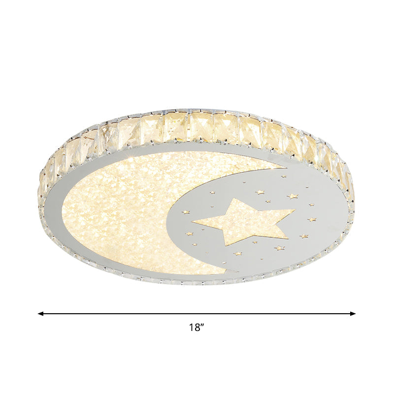 Contemporary Stainless-Steel LED Round Flushmount Ceiling Light with Crystal Cut Moon and Star Design