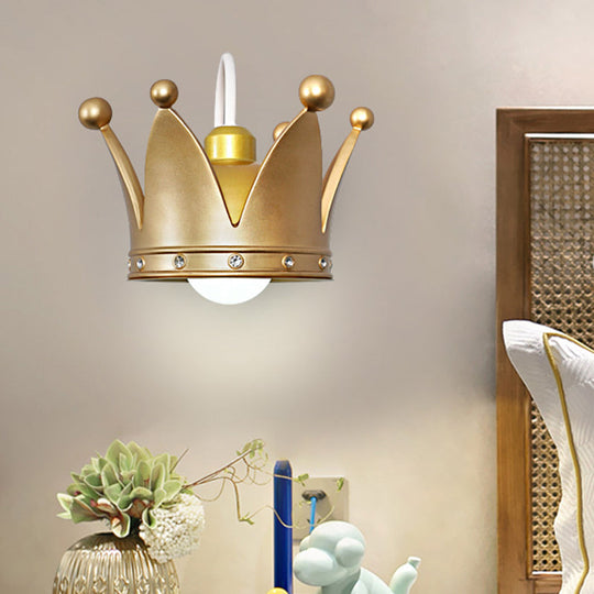 Kids Metal Wall Sconce: Crown Bedroom Light in Gold/Pink - 1-Bulb, Wall Mounted