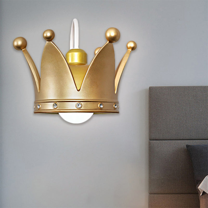 Kids Metal Wall Sconce: Crown Bedroom Light in Gold/Pink - 1-Bulb, Wall Mounted