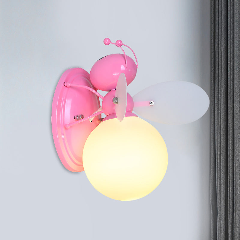 Opaline Glass Ball Wall Sconce with Bee Design - Pink/Yellow Cartoon Lamp, 1 Light