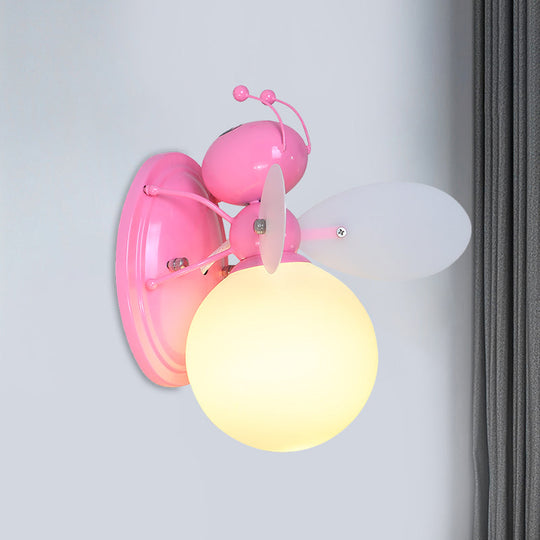 Opaline Glass Ball Wall Sconce with Bee Design - Pink/Yellow Cartoon Lamp, 1 Light
