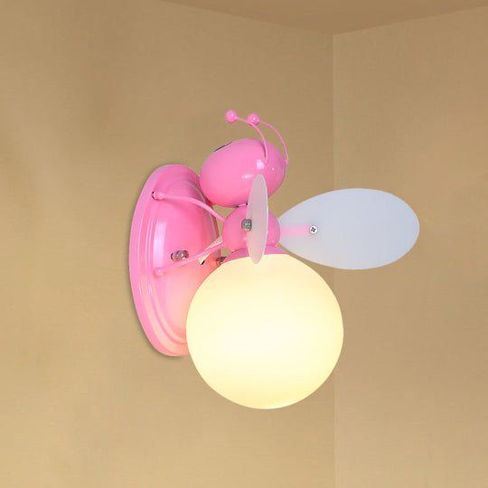 Opaline Glass Ball Wall Sconce with Bee Design - Pink/Yellow Cartoon Lamp, 1 Light