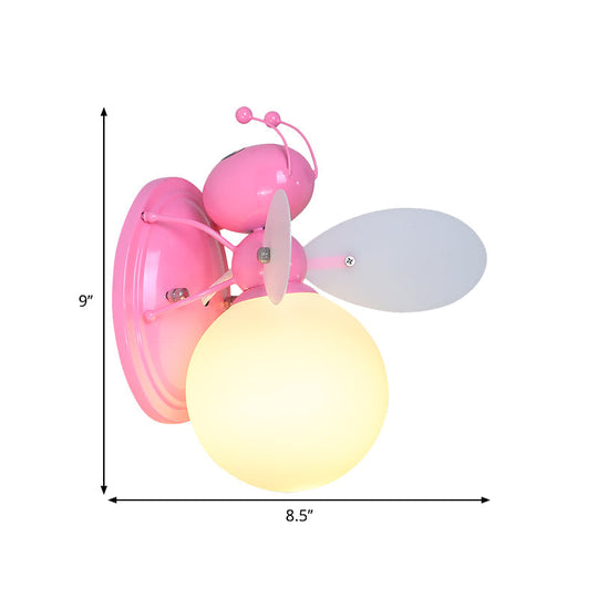 Opaline Glass Ball Wall Sconce with Bee Design - Pink/Yellow Cartoon Lamp, 1 Light