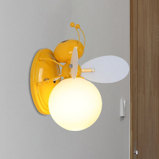 Opaline Glass Ball Wall Sconce with Bee Design - Pink/Yellow Cartoon Lamp, 1 Light