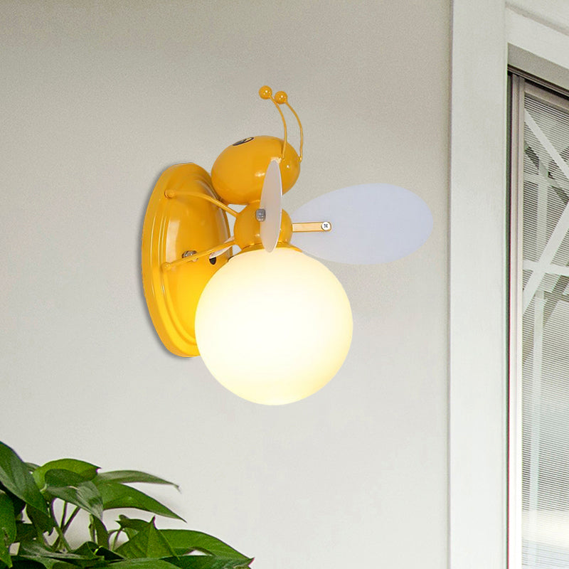 Opaline Glass Ball Wall Sconce with Bee Design - Pink/Yellow Cartoon Lamp, 1 Light