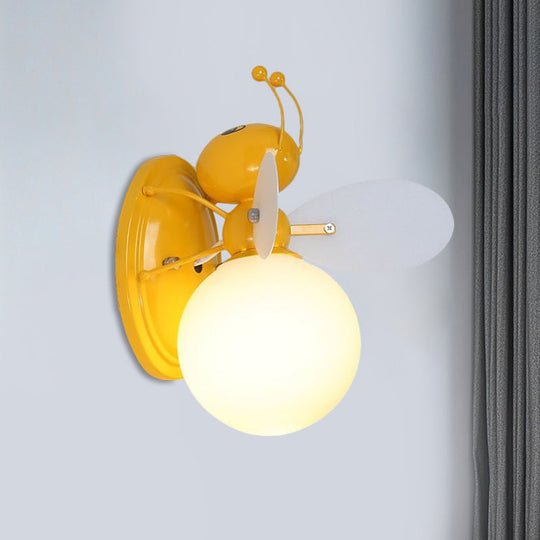 Opaline Glass Ball Wall Sconce with Bee Design - Pink/Yellow Cartoon Lamp, 1 Light
