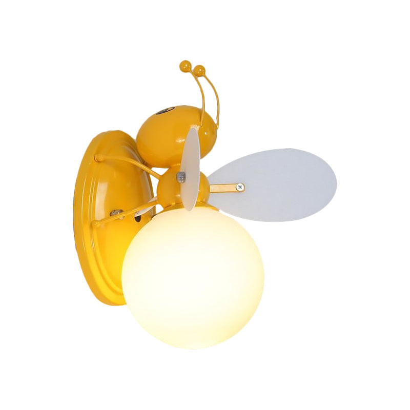 Opaline Glass Ball Wall Sconce with Bee Design - Pink/Yellow Cartoon Lamp, 1 Light