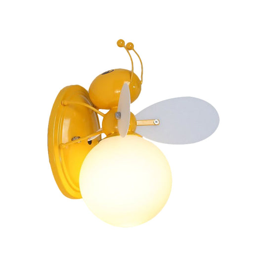 Opaline Glass Ball Wall Sconce with Bee Design - Pink/Yellow Cartoon Lamp, 1 Light