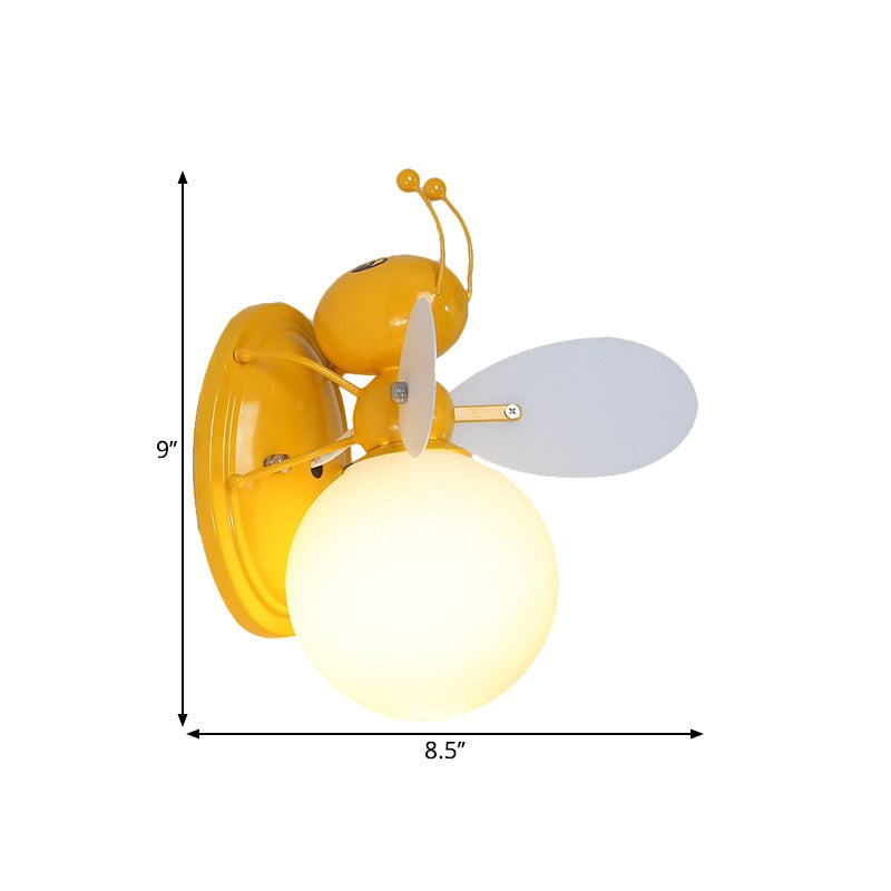 Opaline Glass Ball Wall Sconce with Bee Design - Pink/Yellow Cartoon Lamp, 1 Light