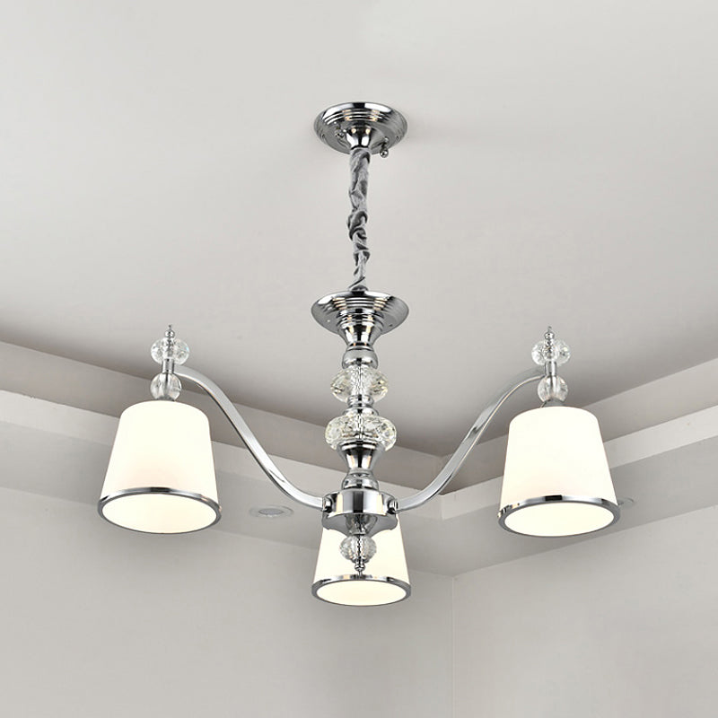 White Glass Minimalist Pendant Chandelier with Chrome Finish - Conical Design, 3/6 Heads, Down Lighting