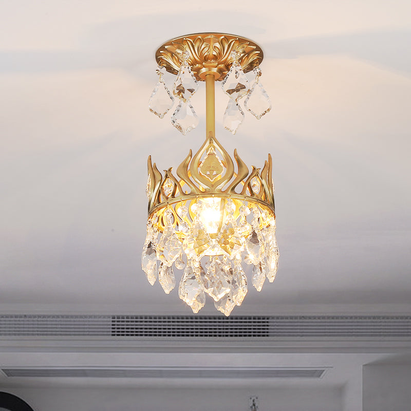 Modern Gold Crown Pendant Light with Cut Crystal and Raindrop Design