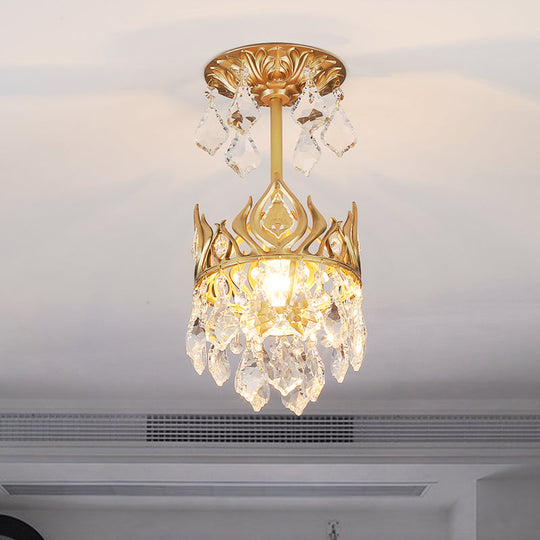 Modern Gold Crown Pendant Light with Cut Crystal and Raindrop Design