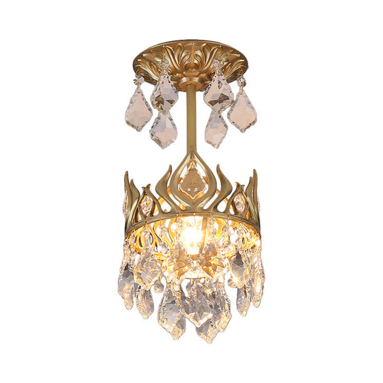 Modern Gold Crown Pendant Light with Cut Crystal and Raindrop Design