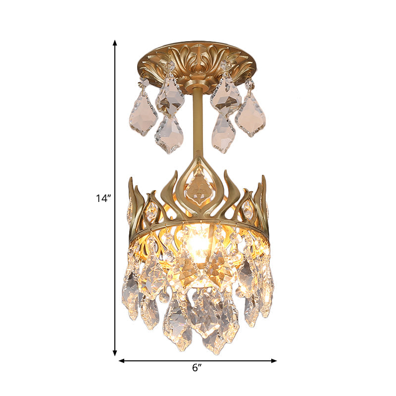 Modern Gold Crown Pendant Light with Cut Crystal and Raindrop Design