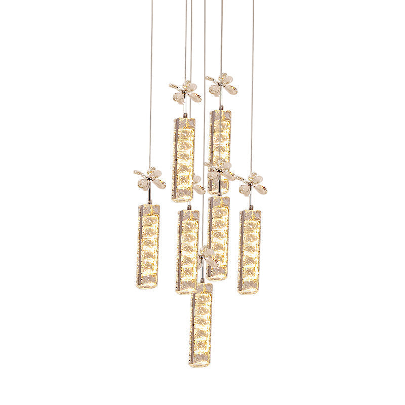 Modern LED Crystal Pendant Light with Chrome Canopy - Linear and Flower Drop Design
