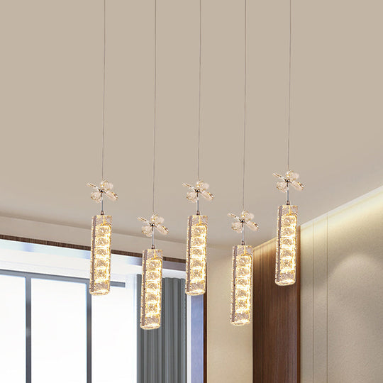 Modern LED Crystal Pendant Light with Chrome Canopy - Linear and Flower Drop Design
