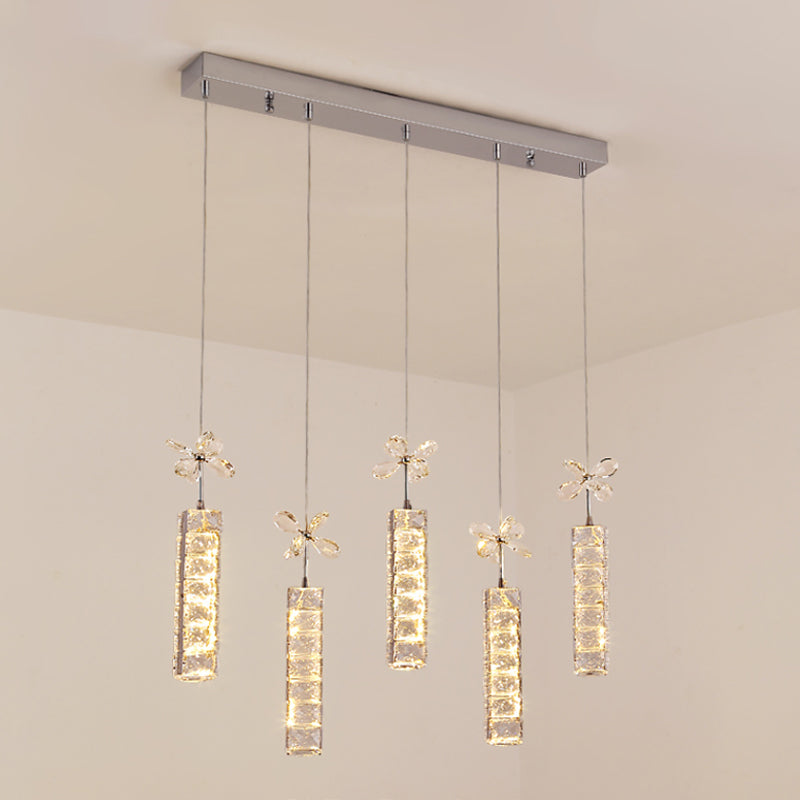 Modern LED Crystal Pendant Light with Chrome Canopy - Linear and Flower Drop Design
