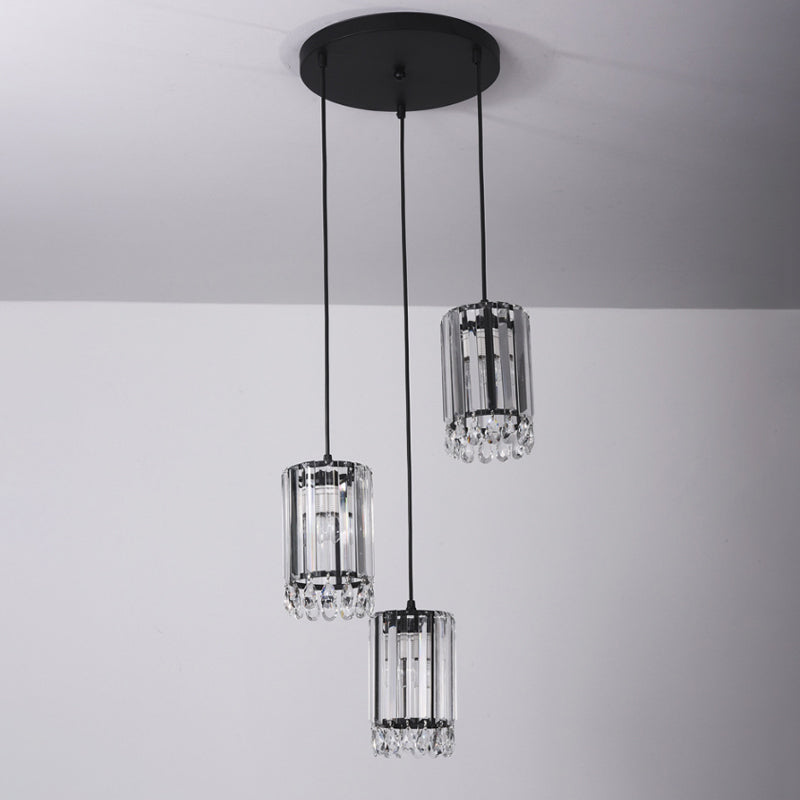 Minimalist Black Multi Pendant Light with Crystal Prisms, Cylinder Design, and 3 Heads - Available in 18" or 27" Width