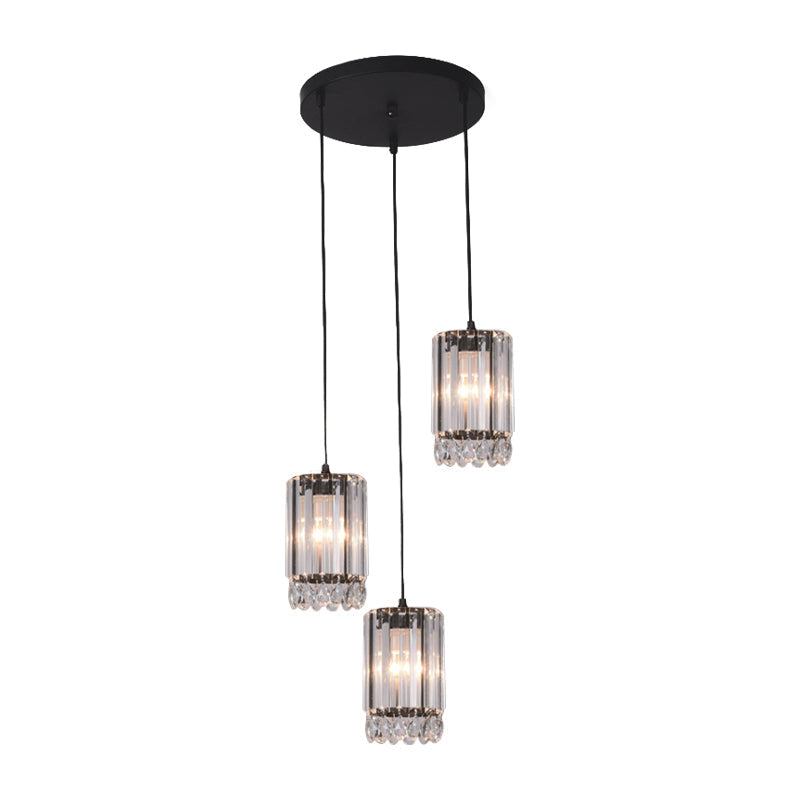 Minimalist Black Multi Pendant Light with Crystal Prisms, Cylinder Design, and 3 Heads - Available in 18" or 27" Width